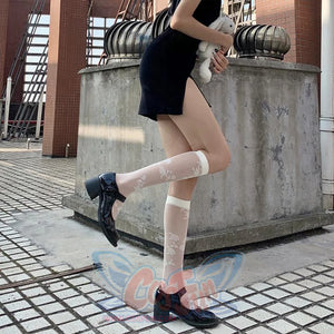 Lace Stockings Jk Socks Calf Length Black White Rose Silk Stockings&socks