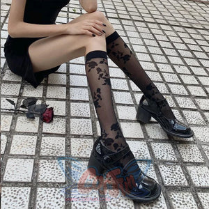 Lace Stockings Jk Socks Calf Length Black White Rose Silk Stockings&socks