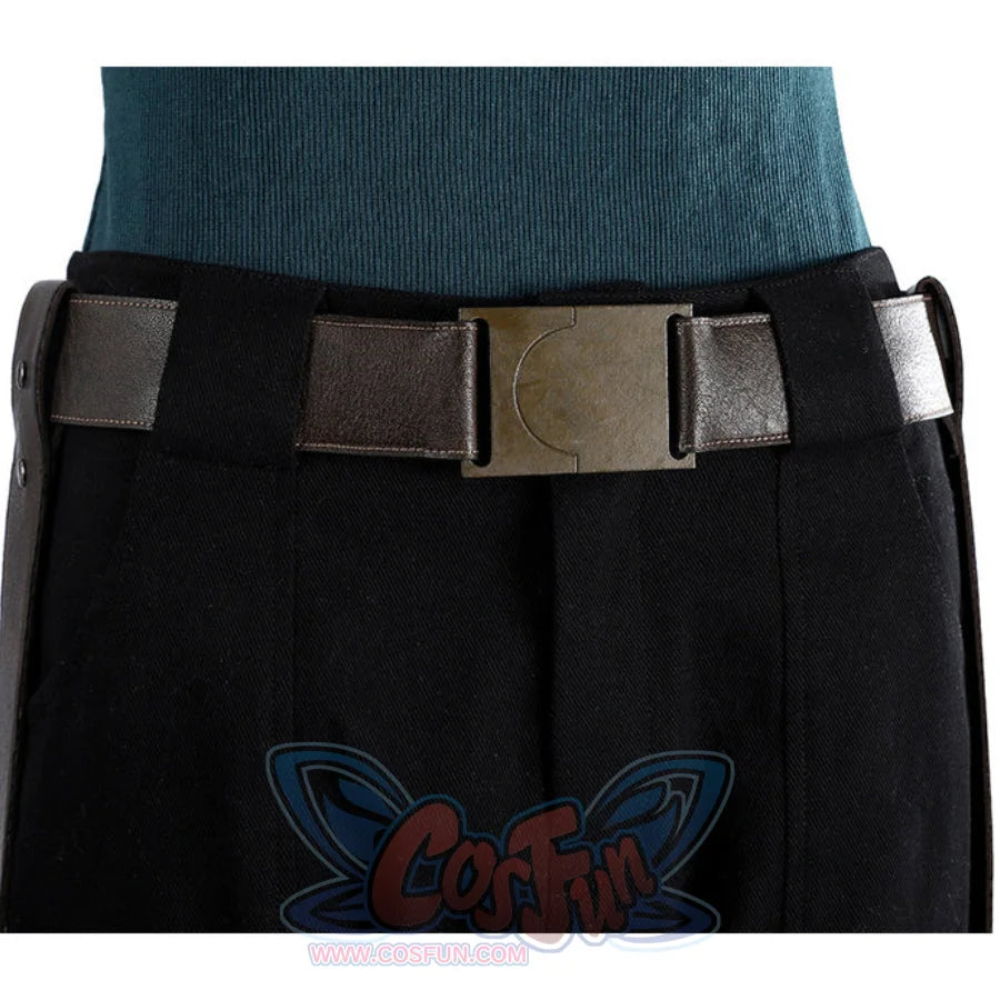 Close-up of Lara cosplay belt and black shorts with a wide brown waist strap and rectangular front buckle