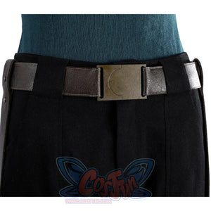 Close-up of Lara cosplay belt and black shorts with a wide brown waist strap and rectangular front buckle