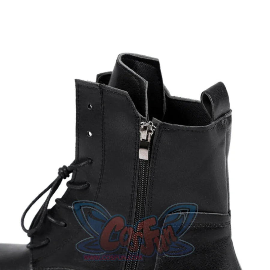 Close-up of Lara cosplay black lace-up boot with side zipper, textured sole, and dark laces