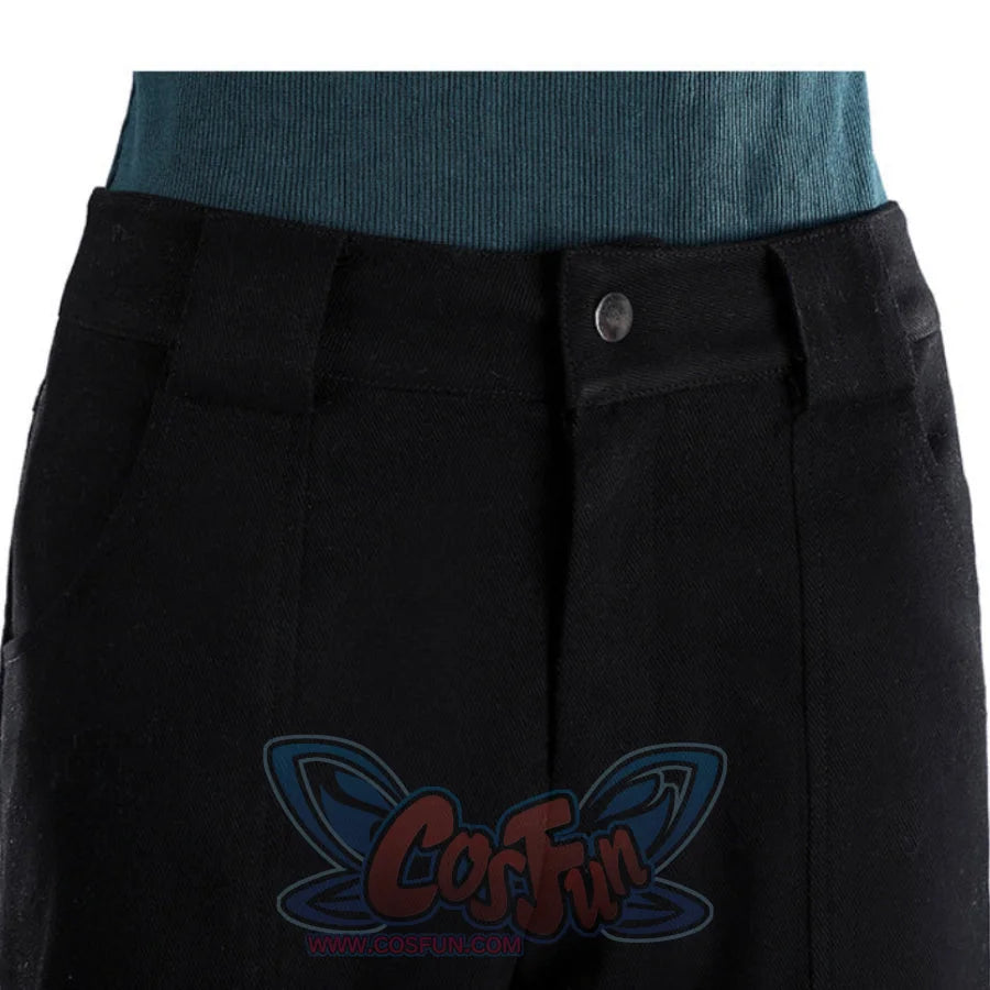 Close-up of Lara cosplay black shorts with belt loops, front button, and zipper area