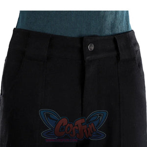 Close-up of Lara cosplay black shorts with belt loops, front button, and zipper area