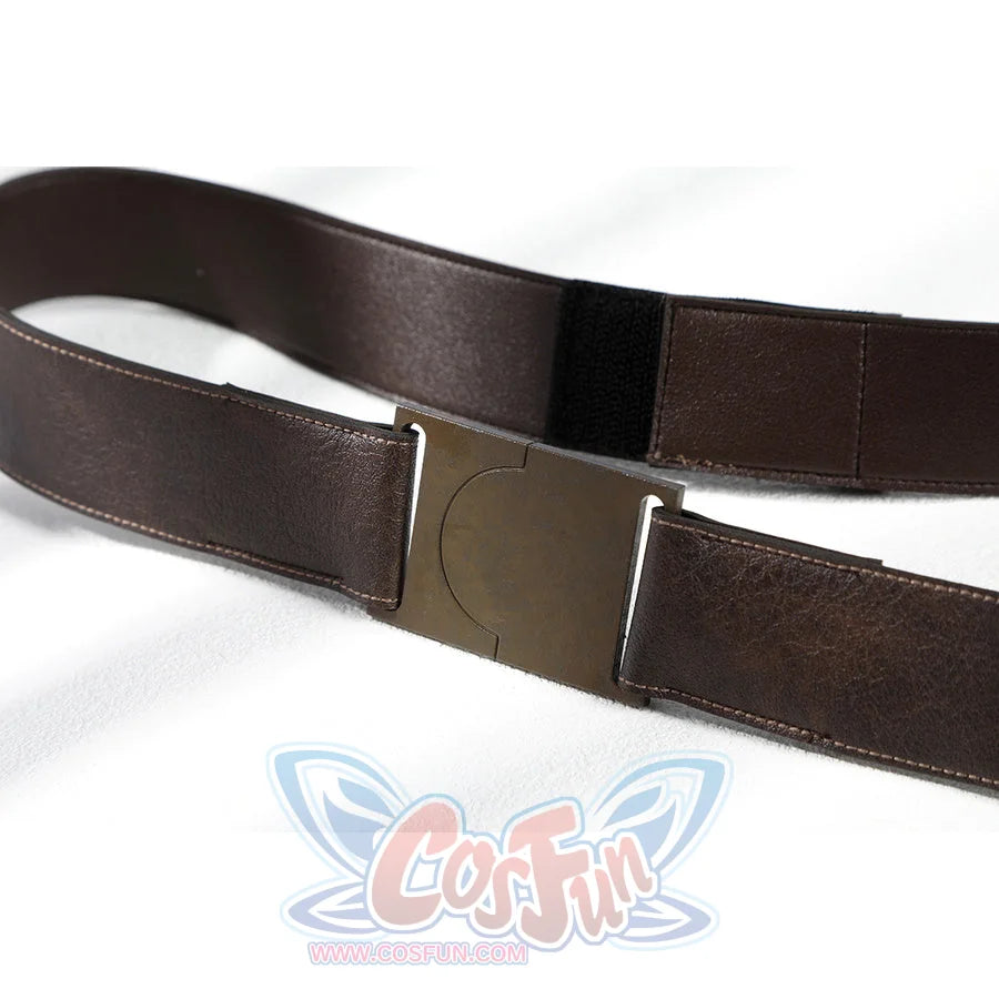 Close-up of Lara cosplay brown belt with rectangular metallic buckle plate and matching strap
