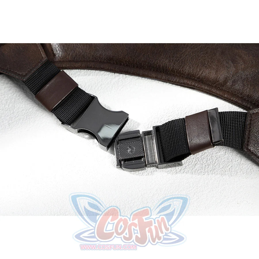Close-up of Lara cosplay brown harness strap with black webbing and a plastic buckle