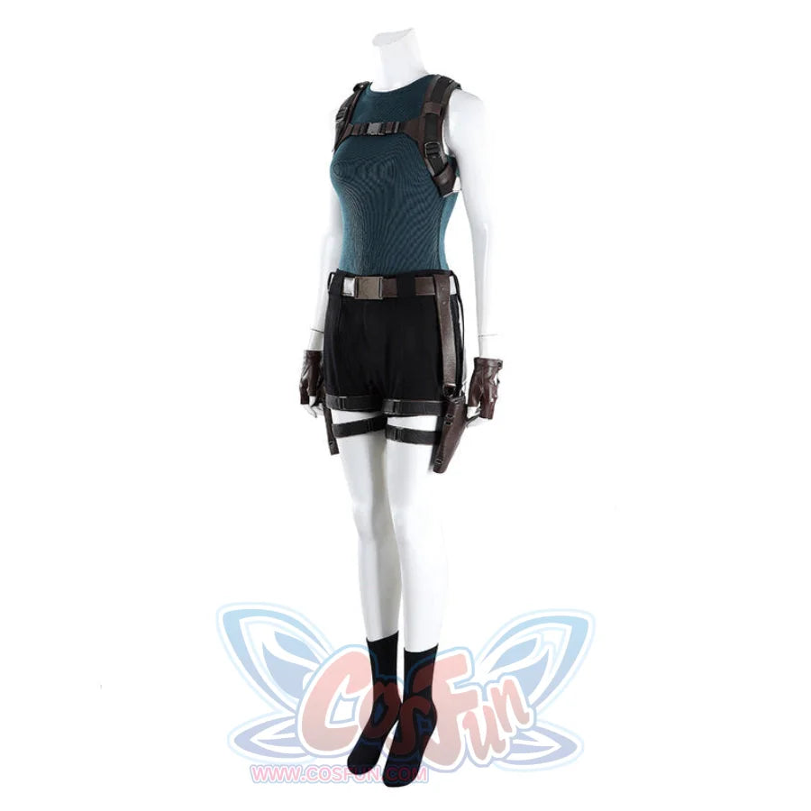 Angled front view of Lara cosplay costume with teal top, black shorts, brown belt, thigh straps, and gloves