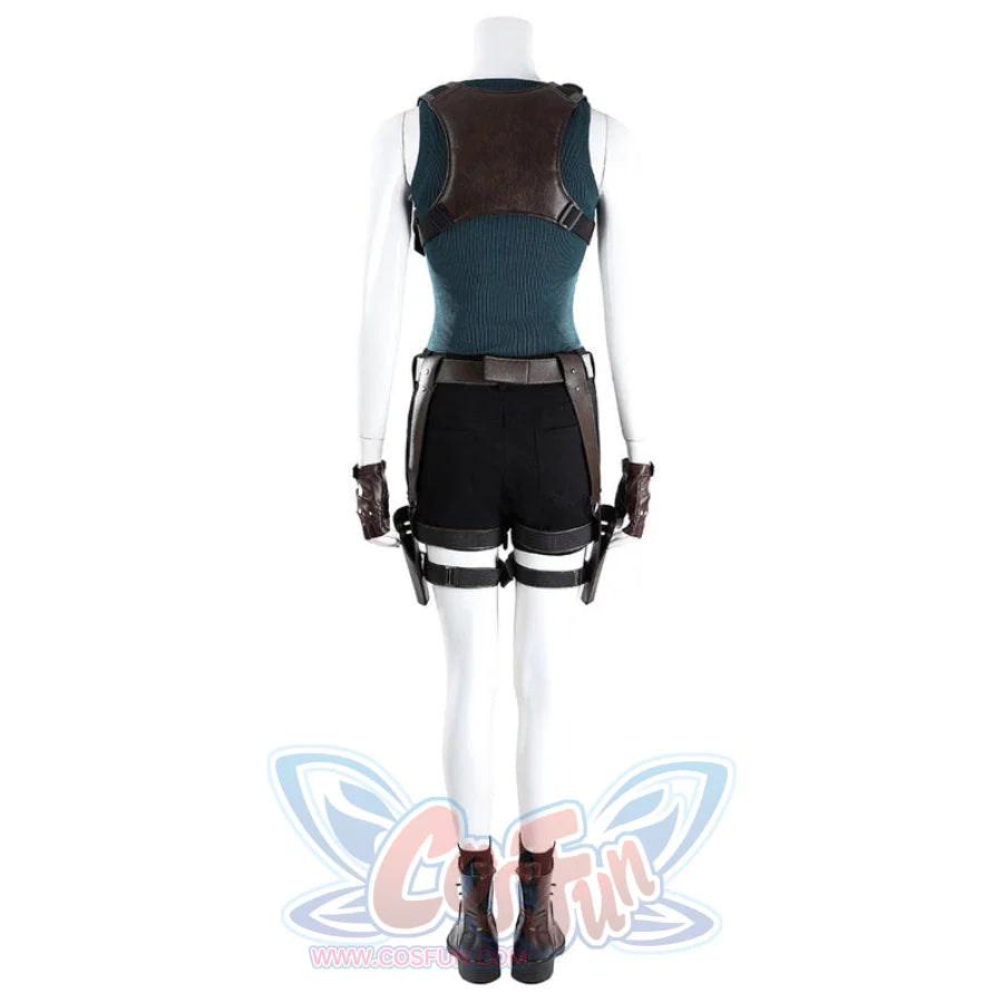 Front view of Lara cosplay costume with teal tank top, black shorts, brown straps, belt, gloves, and boots