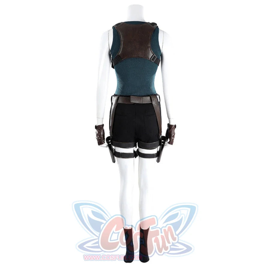 Back view of Lara cosplay costume with brown back harness, teal top, black shorts, belt, and dark boots