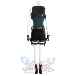 Back view of Lara cosplay costume with brown back harness, teal top, black shorts, belt, and dark boots