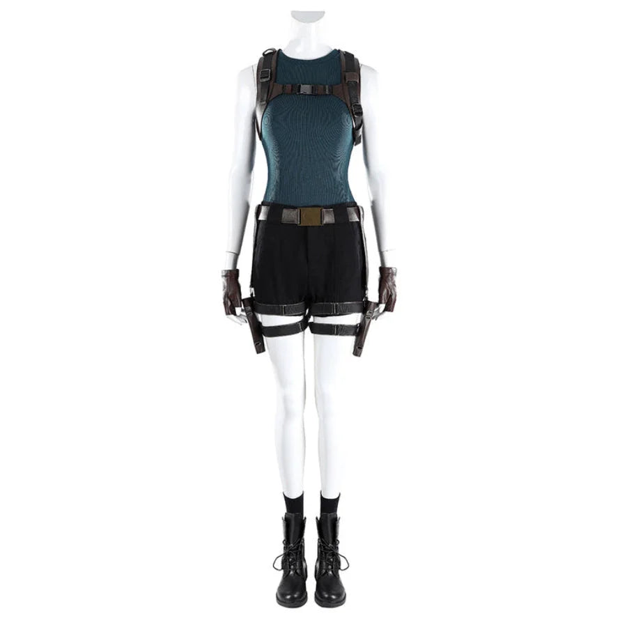 Front view of Lara cosplay costume with teal tank top, black shorts, brown straps, belt, gloves, and boots