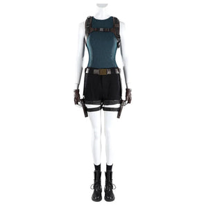Front view of Lara cosplay costume with teal tank top, black shorts, brown straps, belt, gloves, and boots