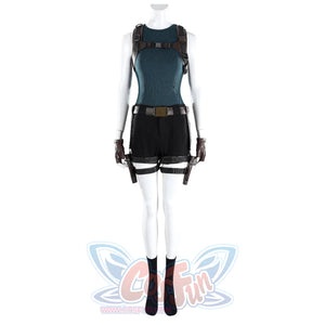 Front view of Lara cosplay costume with teal top, black shorts, brown harness straps, gloves, and boots