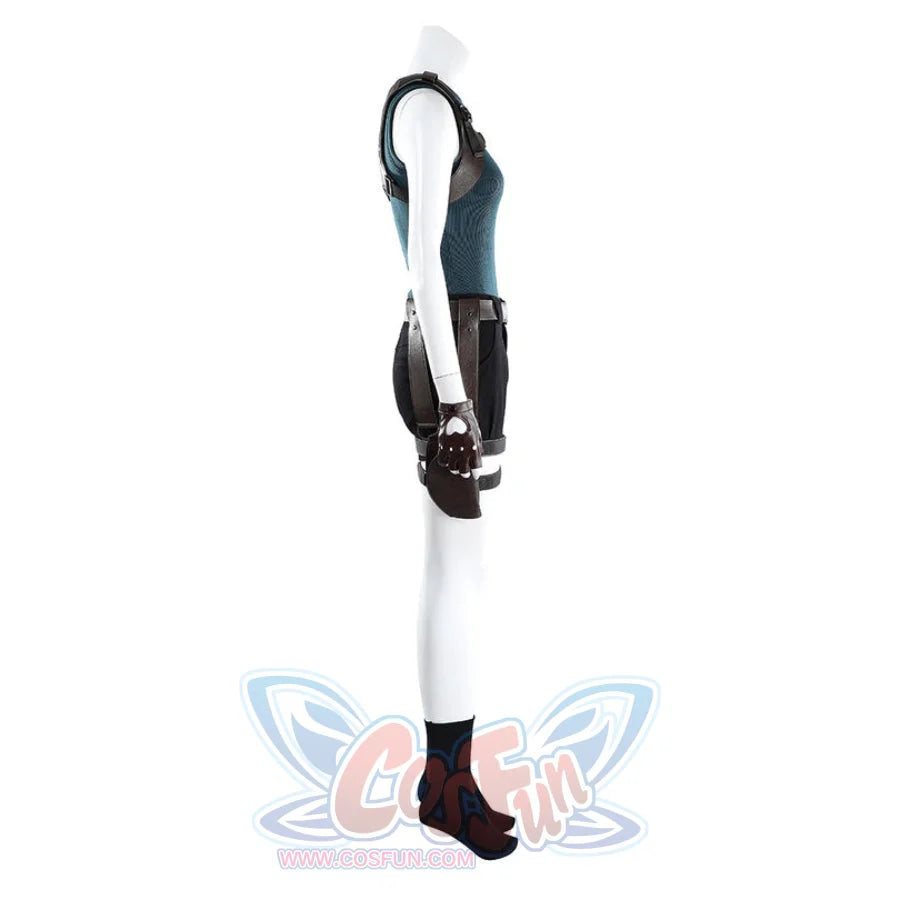 Side view of Lara cosplay costume with teal tank top, black shorts, brown harness straps, gloves, and boots