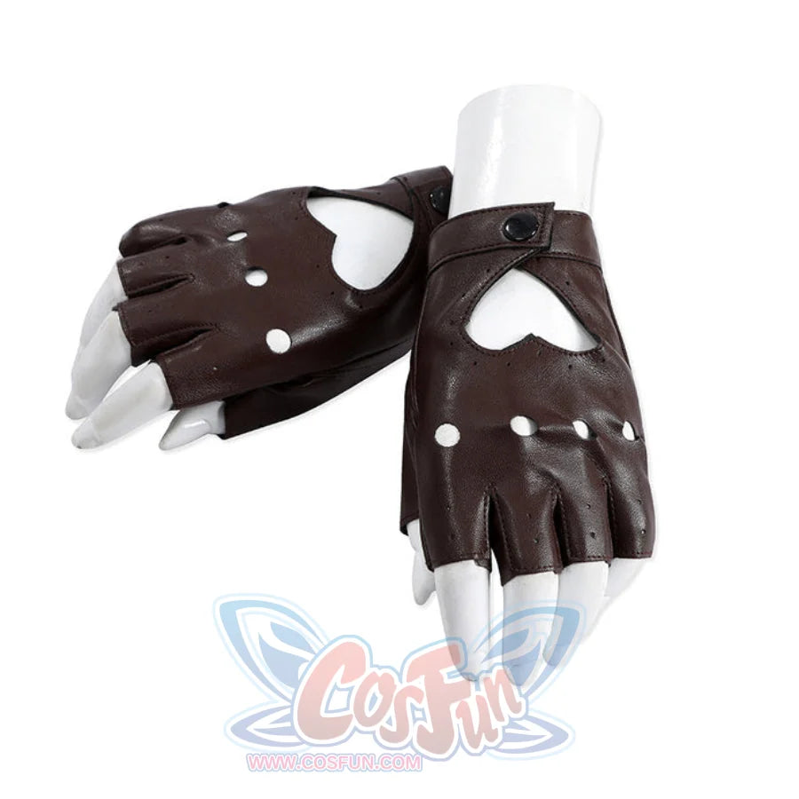 Flat lay of Lara cosplay fingerless gloves with brown wrist straps, cutout backs, and metal studs