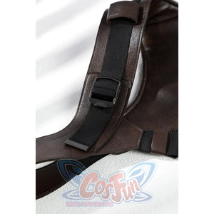 Close-up of Lara cosplay harness edge with black adjustable strap and buckle on brown material
