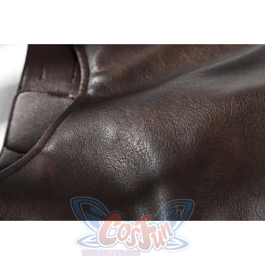 Close-up of Lara cosplay brown PU leather harness surface with seam detail and smooth finish