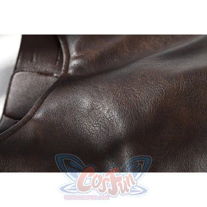 Close-up of Lara cosplay brown PU leather harness surface with seam detail and smooth finish