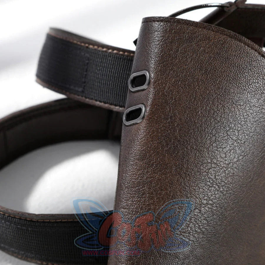 Close-up of Lara cosplay brown PU leather strap piece with black strap and small metal loops