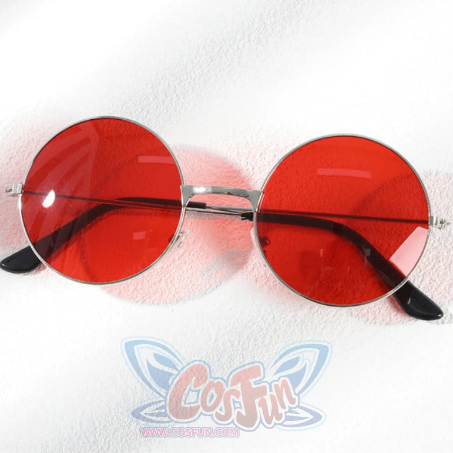 Flat lay of Lara cosplay round red-lens glasses with thin metal frame and black temple tips