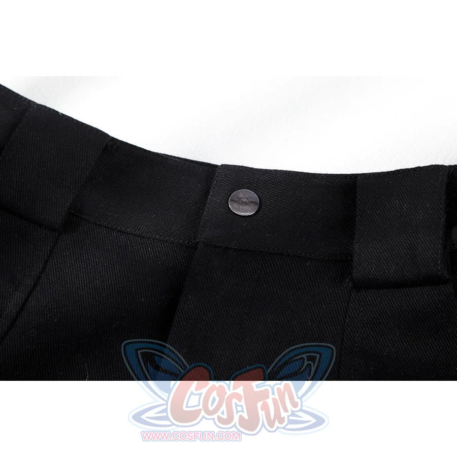 Close-up of Lara cosplay black shorts waistband with belt loops and a visible front button