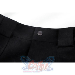 Close-up of Lara cosplay black shorts waistband with belt loops and a visible front button