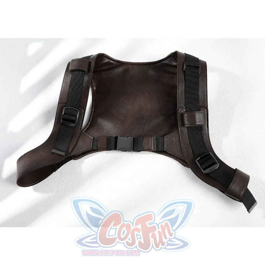 Flat lay of Lara cosplay brown shoulder harness with black adjustable straps and buckles