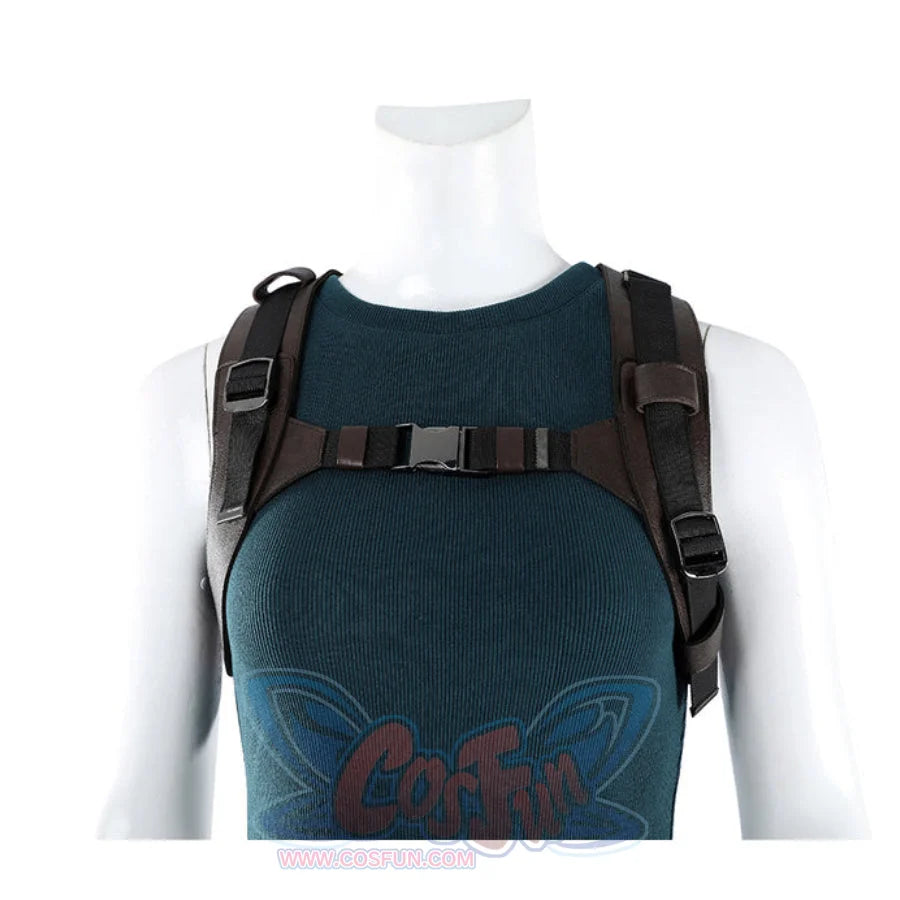 Close-up of Lara cosplay shoulder straps over a teal sleeveless top with black buckles