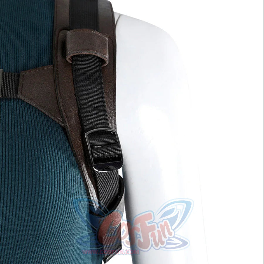 Side detail of Lara cosplay brown harness panel with black adjustable strap over a teal ribbed top