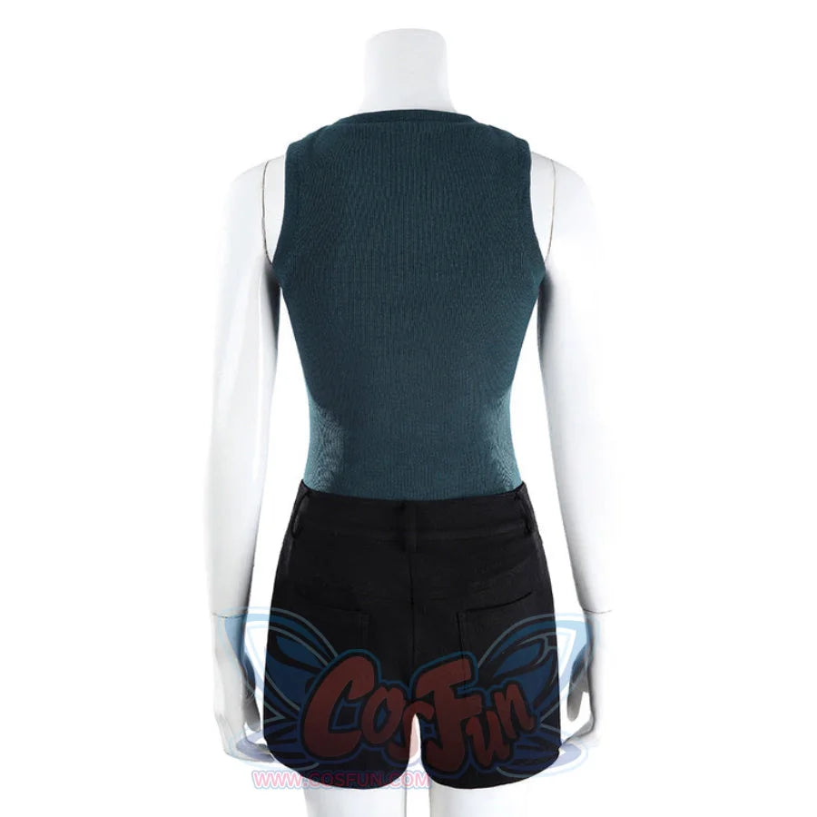 Back view of Lara cosplay base outfit with teal sleeveless top and black shorts on a mannequin