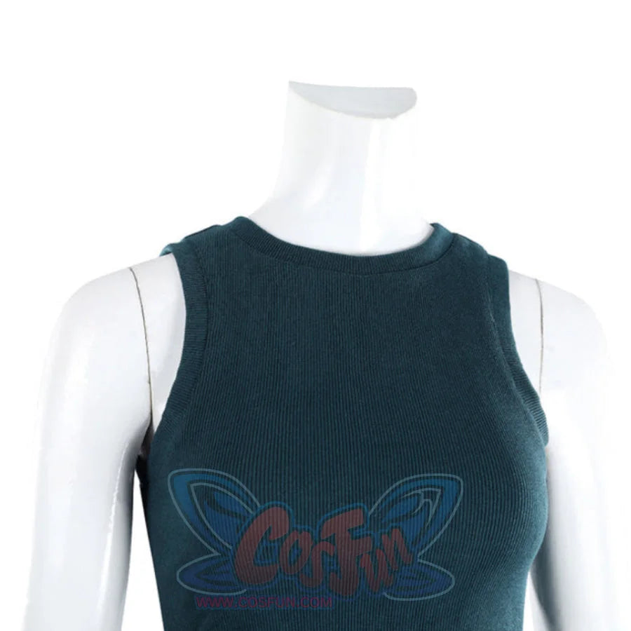 Close-up of Lara cosplay teal sleeveless tank top with ribbed texture and round neckline