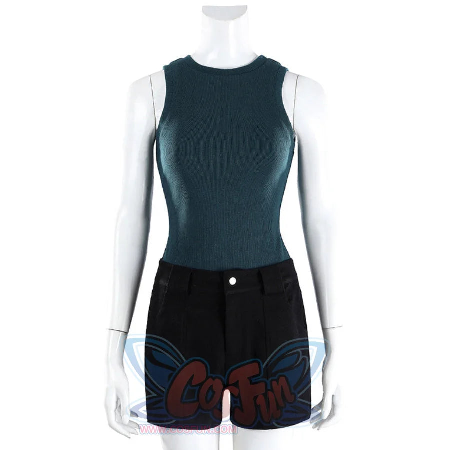 Front view of Lara cosplay base outfit with teal sleeveless tank top and black shorts on a mannequin