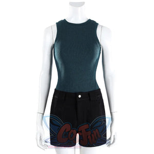 Front view of Lara cosplay base outfit with teal sleeveless tank top and black shorts on a mannequin