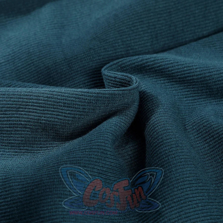 Close-up of Lara cosplay teal ribbed fabric folded to show texture and soft stretch