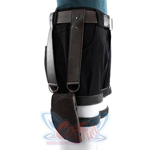 Side detail of Lara cosplay thigh strap and brown pouch beside black shorts and belt