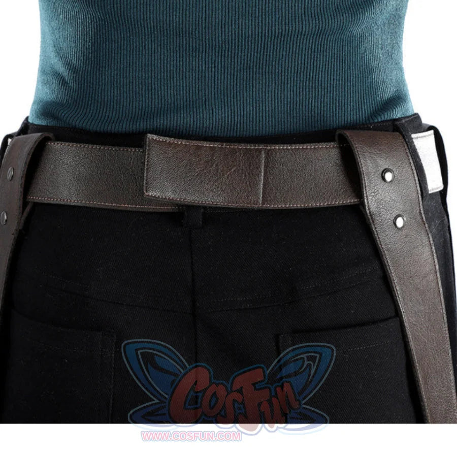 Close-up of Lara cosplay waist belt with black shorts, teal top hem, metal rivets, and side strap