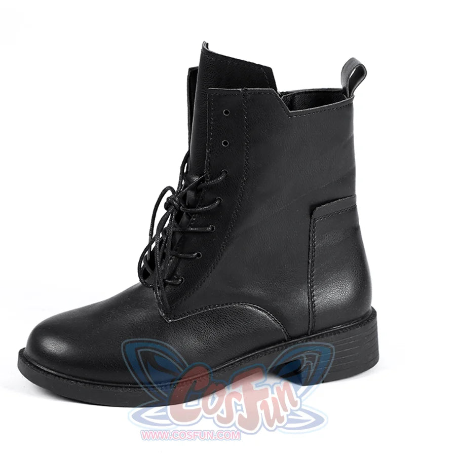 Side view of Lara cosplay costume from Tomb Raider boot with black laces, side stitching, rounded toe, and pull tab