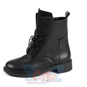 Side view of Lara cosplay costume from Tomb Raider boot with black laces, side stitching, rounded toe, and pull tab