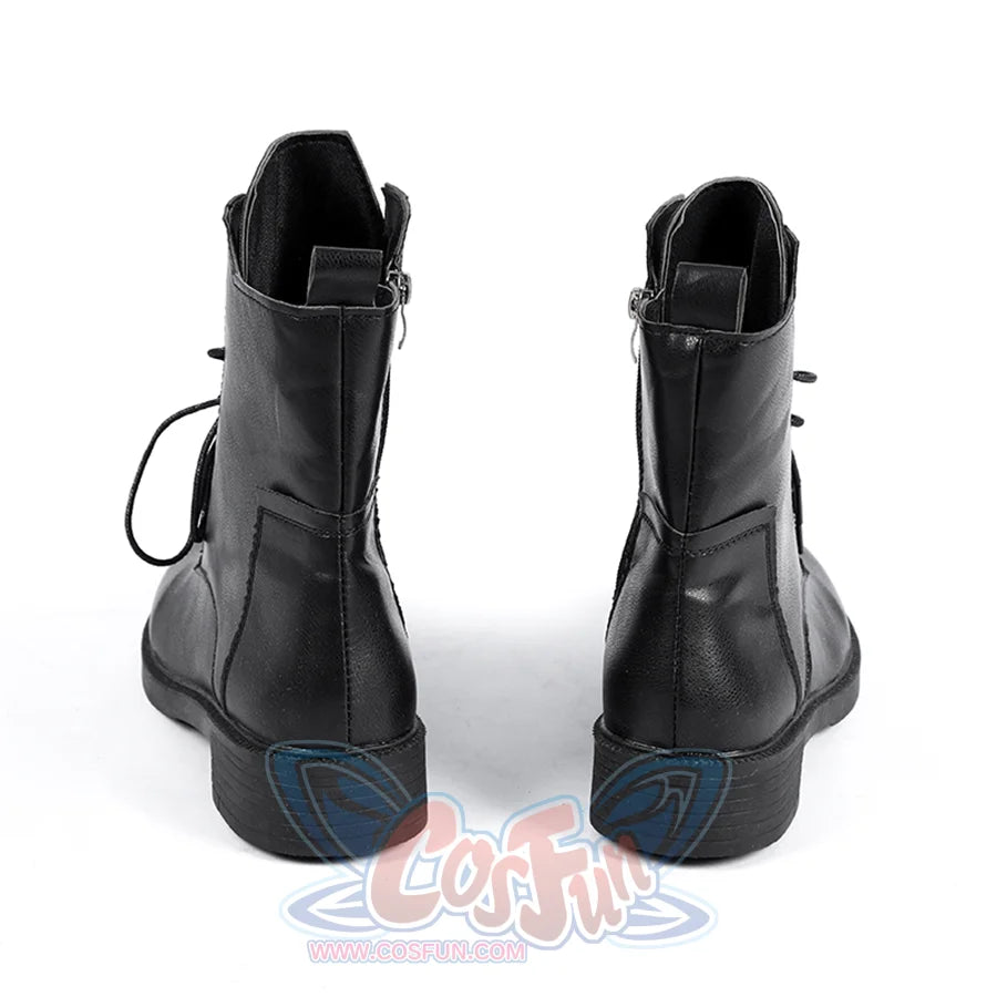Back view of Lara cosplay costume from Tomb Raider black ankle boots with pull tabs, seams, and low heels