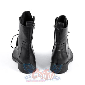 Back view of Lara cosplay costume from Tomb Raider black ankle boots with pull tabs, seams, and low heels
