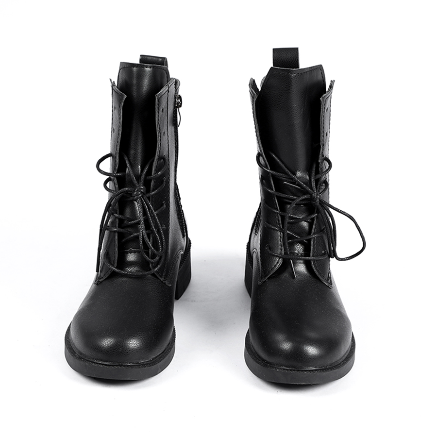 Front view of Lara cosplay costume from Tomb Raider shoes with black laces, rounded toes, and buckle straps