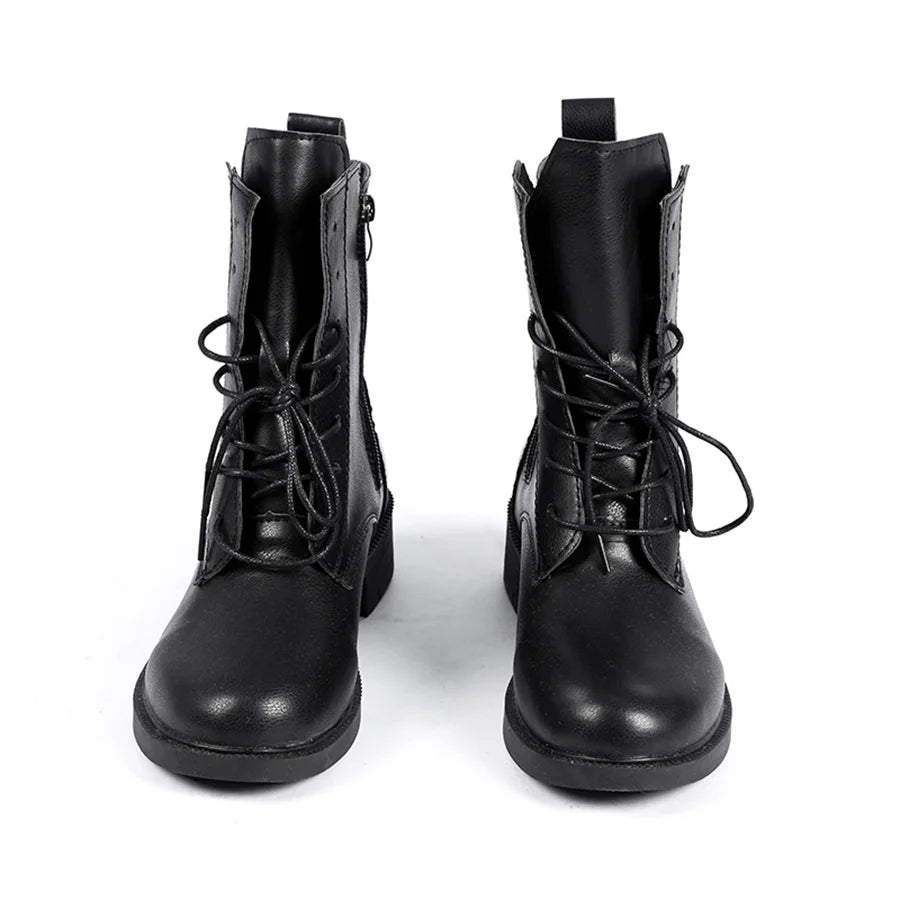 Front view of Lara cosplay costume from Tomb Raider shoes with black laces, rounded toes, and buckle straps