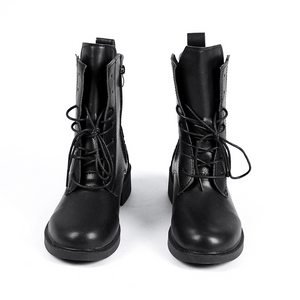 Front view of Lara cosplay costume from Tomb Raider shoes with black laces, rounded toes, and buckle straps
