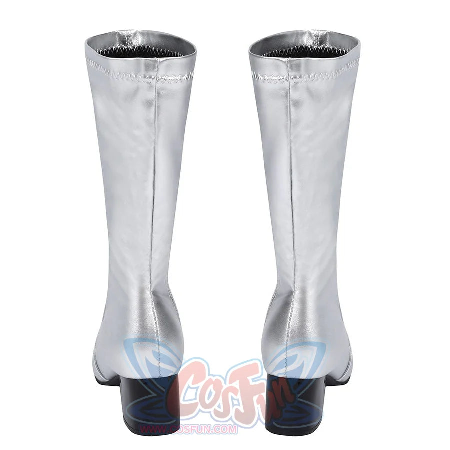 Latverian Witch cosplay boots frame the vertical seam details and solid block heels in this view of the silver-tone footwear.