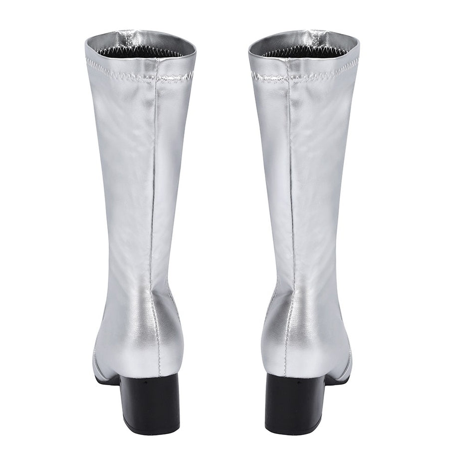 COSFUN Latverian Witch cosplay boots frame a tall silver-tone design crafted from shimmering faux leather with side zips.