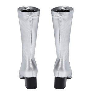 Latverian Witch cosplay boots frame the vertical seam details and solid block heels in this view of the silver-tone footwear.