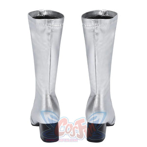 Latverian Witch cosplay boots frame the vertical seam details and solid block heels in this view of the silver-tone footwear.