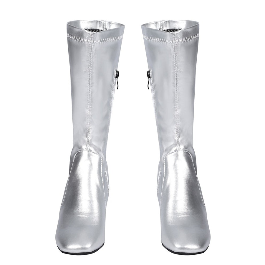 COSFUN Latverian Witch cosplay boots frame a tall silver-tone design crafted from shimmering faux leather with side zips.