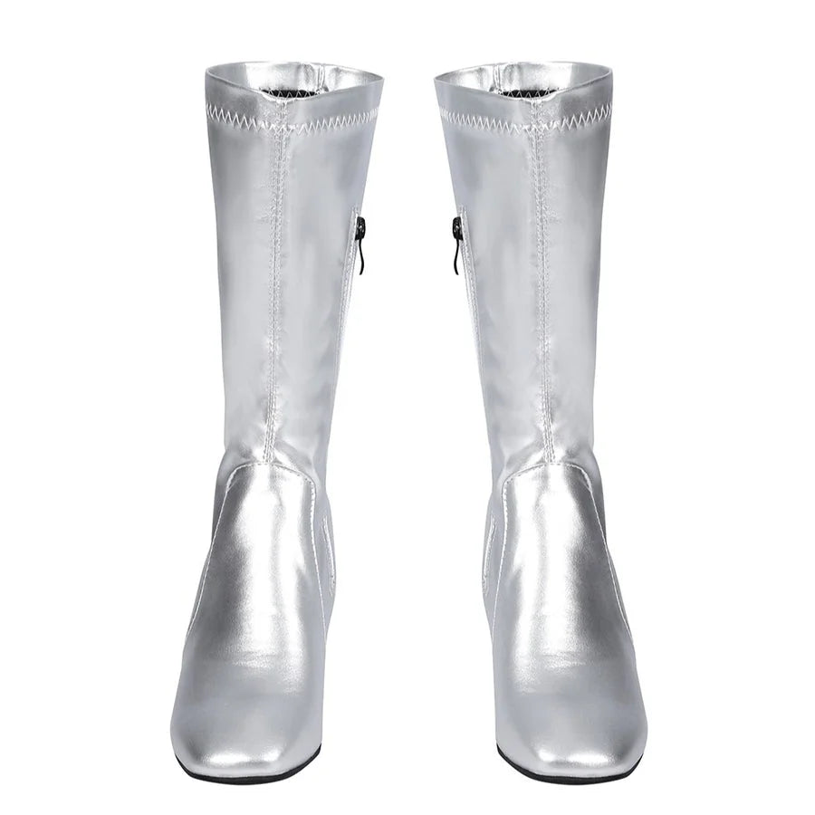 COSFUN Latverian Witch cosplay boots frame a tall silver-tone design crafted from shimmering faux leather with side zips.