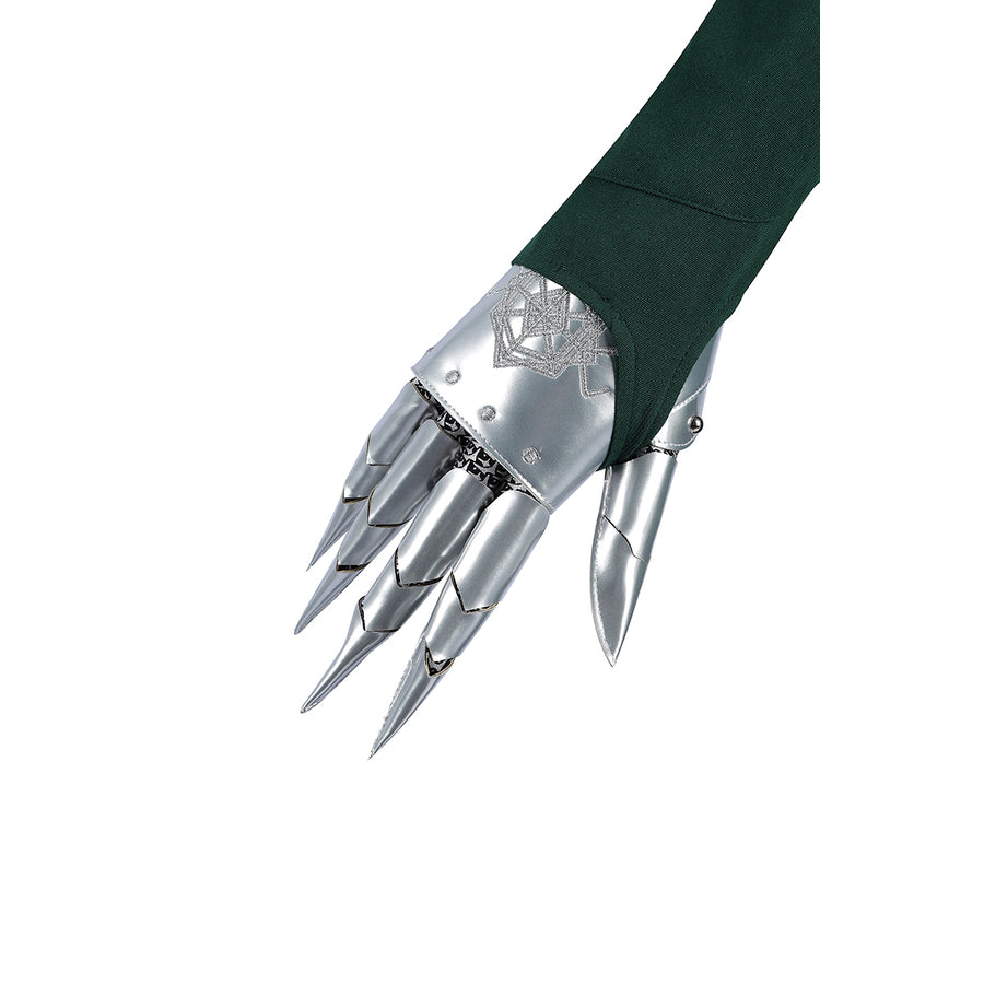 Latverian Witch cosplay costume anchors silver-tone faux leather claws over a dark green fabric sleeve with wrist detailing.