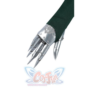 Latverian Witch cosplay costume anchors silver-tone faux leather claws over a dark green fabric sleeve with wrist detailing.